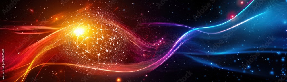Poster quantum computing of cryptography concept. a vibrant, abstract image featuring swirling light waves 