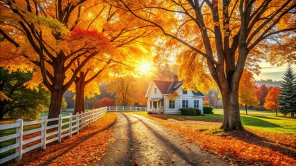 Fototapeta premium Morning light filters through vibrant autumn maple leaves, illuminating a serene city garden. A charming white house stands peacefully amid the colorful foliage, evoking tranquility.