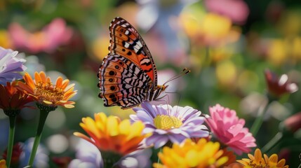 Obraz premium Butterfly Amidst Colorful Flowers in Nature
