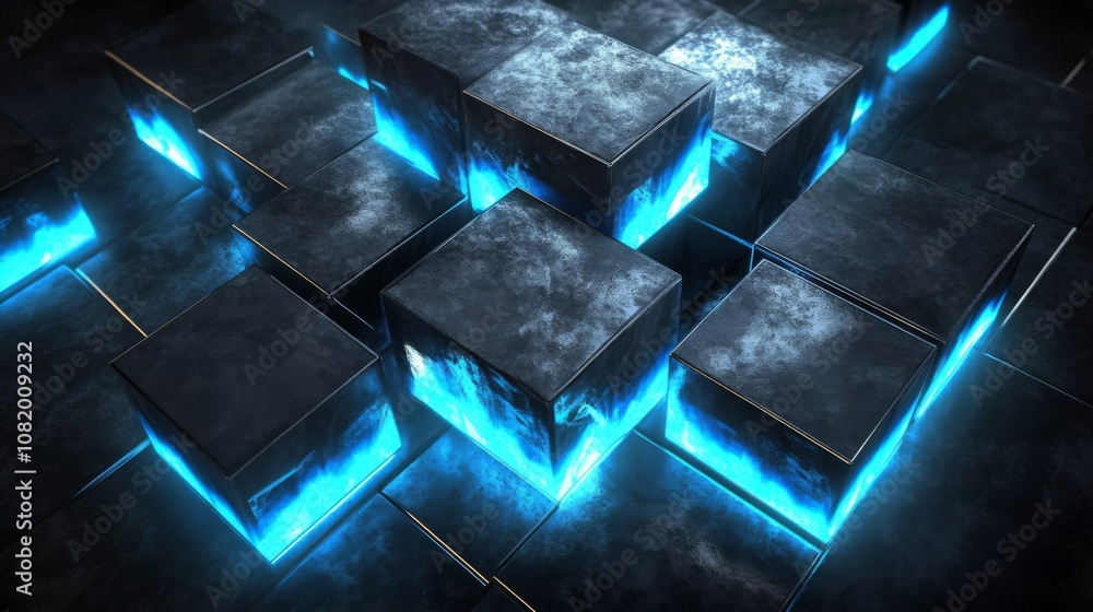 Aufkleber abstract 3d digital scene with glowing blue cubes on a dark background showcasing a futuristic and i