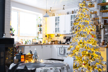 Christmas decor in white kitchen with burning stove fireplace, festive mess, village interior with...