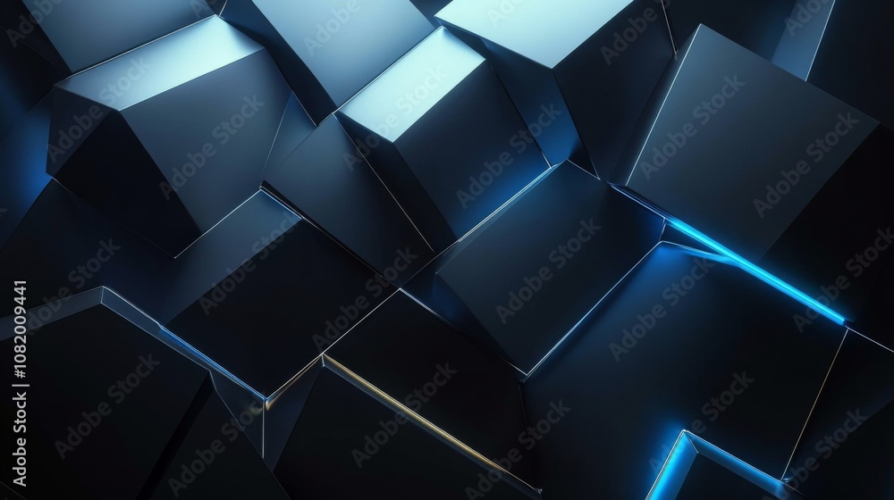 Poster abstract 3d geometric background with illuminated cubes and sleek surfaces, creating a modern, futur
