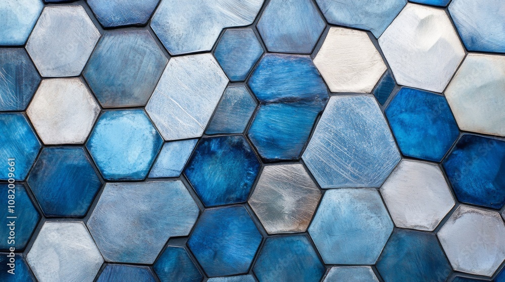 Poster captivating blue hexagonal tiles in a stunning pattern featuring vivid shades of blue and unique tex