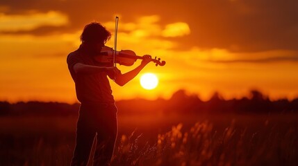 Fototapeta premium Silhouette of a Violinist Playing at Sunset