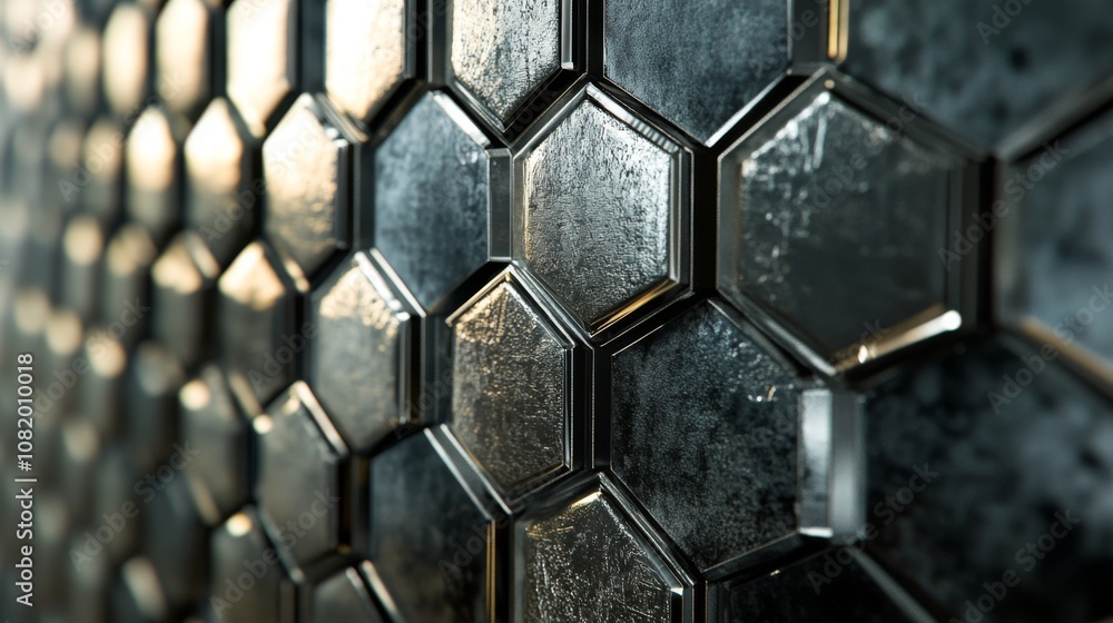 Poster Metallic hexagonal tiles with reflective surfaces shining under soft light, creating an intricate and modern abstract pattern suitable for contemporary design projects.
