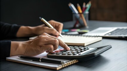 Hands Using Calculator. A close-up of hands operating a calculator on a desk. Work or financial context