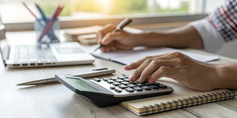 Hands Using Calculator. A close-up of hands operating a calculator on a desk. Work or financial context