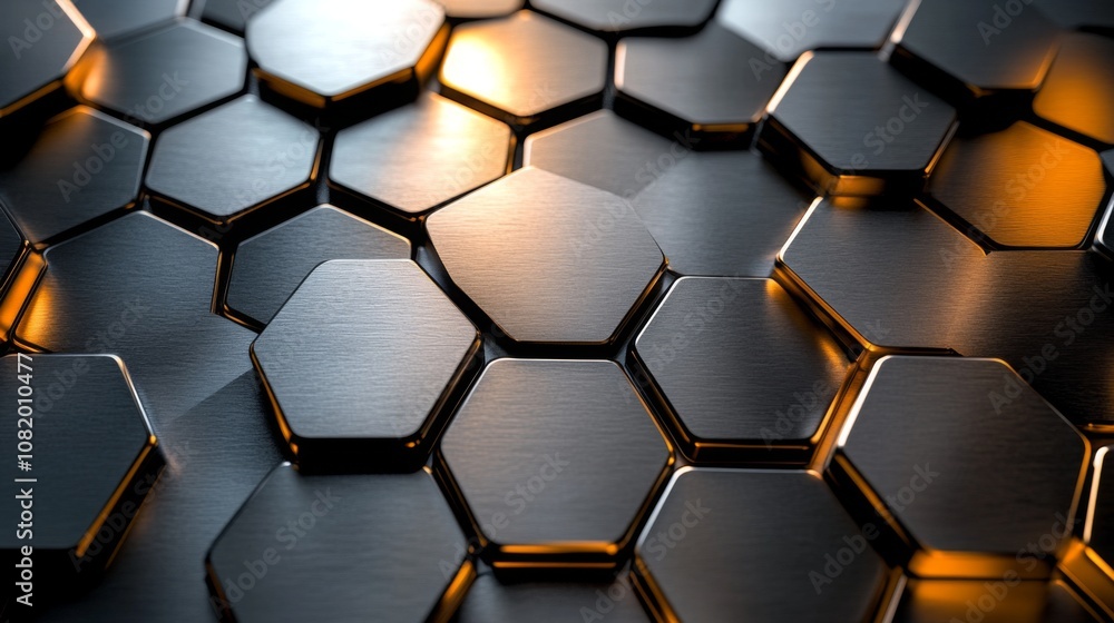Poster High-Resolution Abstract Background with Interlocking Metallic Hexagons Reflecting Light, Creating a Modern and Futuristic Visual Texture