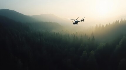 Fototapeta premium A helicopter flying over a dense forest, with a birdâ€™s-eye view of the landscape.
