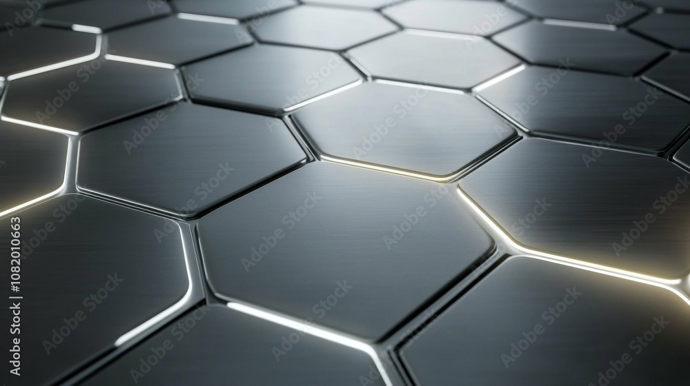 Poster Metallic Hexagonal Pattern with Shiny Surface and Subtle Lighting Effects for Modern Design and Technology Backgrounds