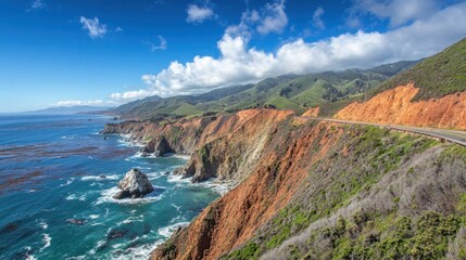 Coastal Highway Winding Along Rugged Cliffs with Blue Ocean and White Clouds