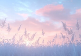 Fototapeta premium Serene Landscape of Silhouetted Grasses Against a Soft Pink and Blue Sky at Sunset, Creating a Peaceful and Dreamy Atmosphere for Nature Lovers