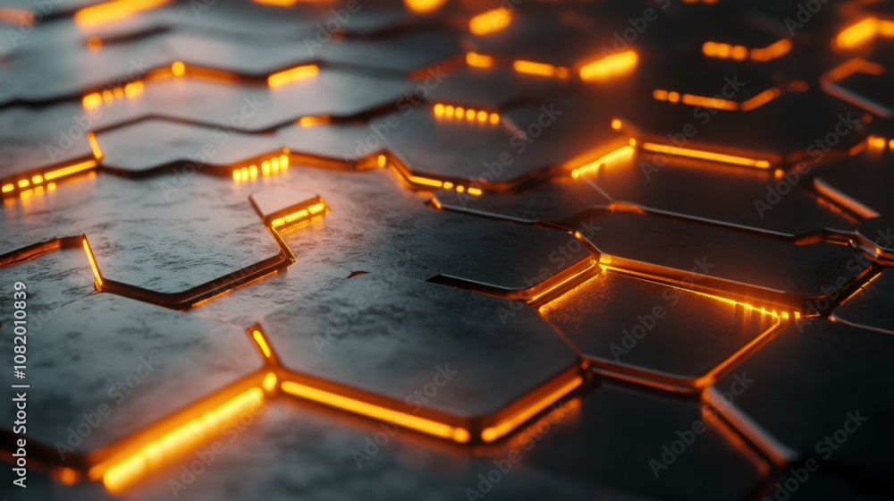 Poster abstract futuristic background with glowing orange hexagonal patterns on a reflective surface creati