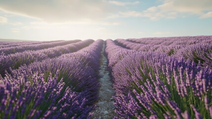 Obraz premium A lavender field in full bloom, with rows of purple flowers stretching towards the horizon.