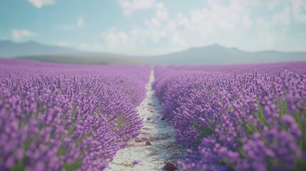 Fototapeta premium A lavender field in full bloom, with rows of purple flowers stretching towards the horizon.