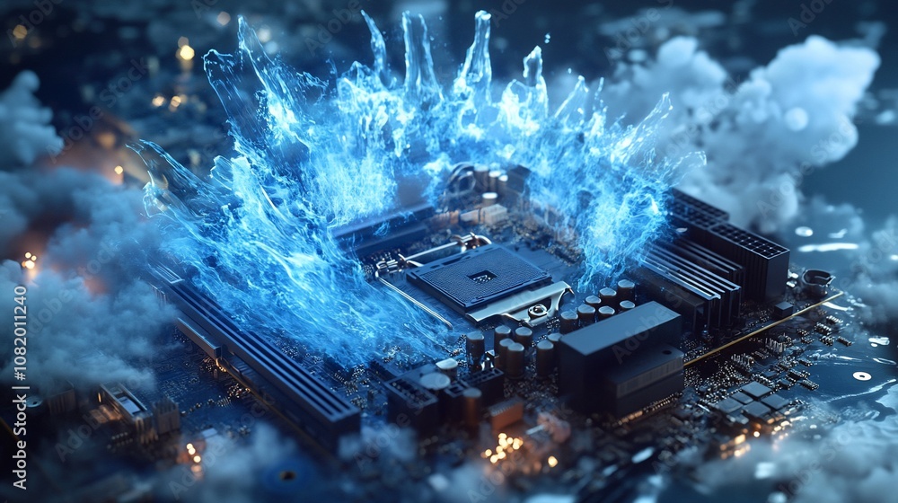 Poster a close-up of a computer motherboard with a blue, ethereal energy burst surrounding the processor.