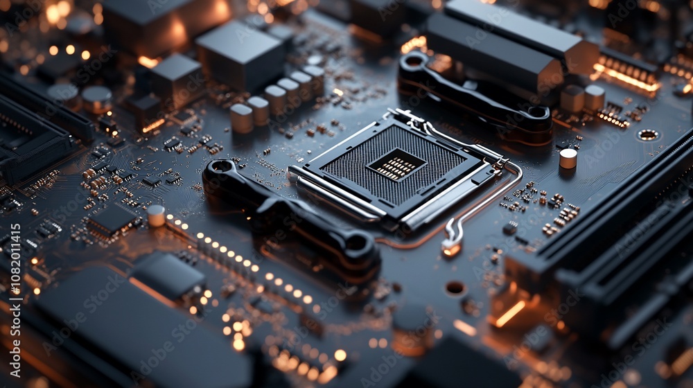Poster a close-up of a computer motherboard with a cpu in the center, surrounded by electronic components. 