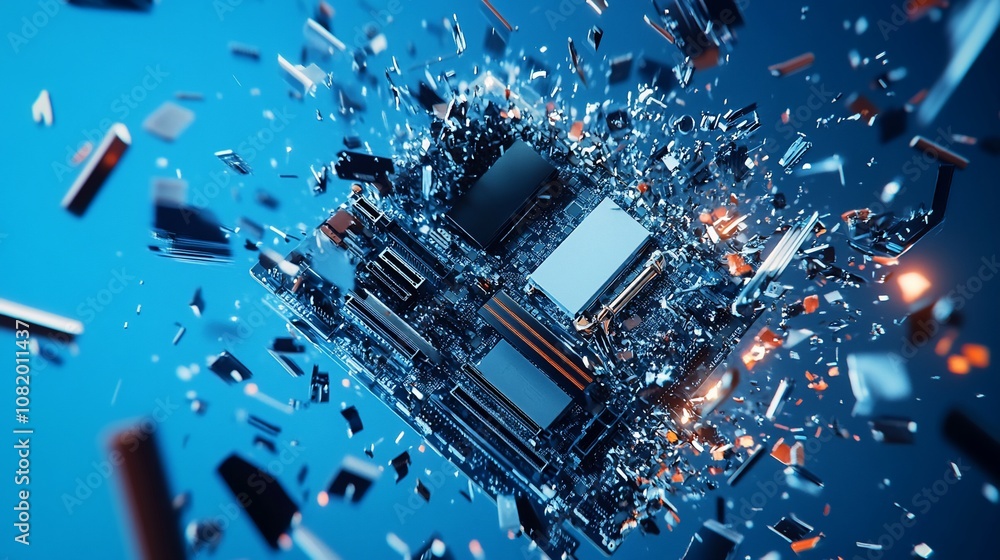 Poster A close-up of a computer motherboard exploding into pieces, against a blue background.
