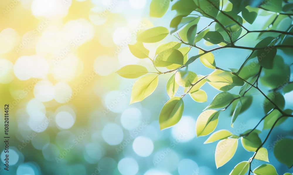 Poster soft green leaves in gentle light creating a serene and tranquil background with beautiful sunlit bo