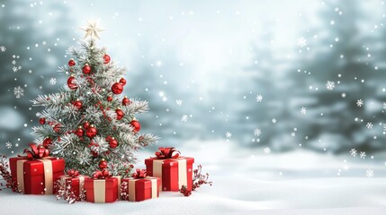 A beautifully decorated Christmas tree with gifts in the snow, creating a festive winter wonderland scene.