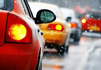 Traffic Jam on Icy Road During Winter with Cars Stuck in Snow and Ice
