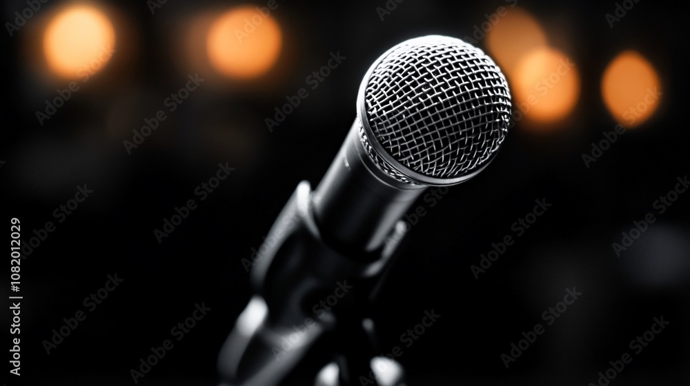 Poster a close-up of a microphone on a stand with a blurred background of lights.