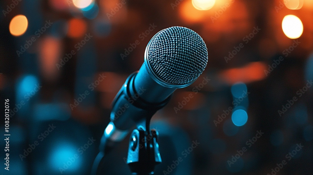 Poster a close-up of a microphone on a stand in front of a blurred background of lights.