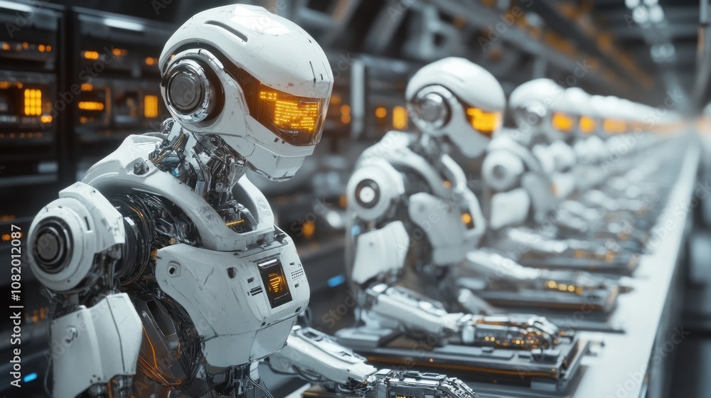 Poster advanced robots assembling electronic devices robotic precision, clean modern workshop, automated pr