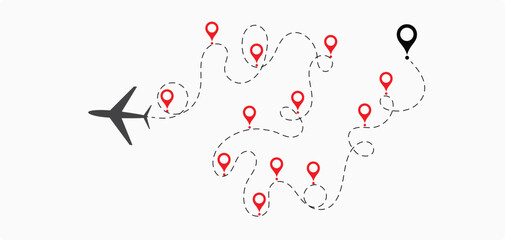 Airplane line path icon. Vector illustration of air plane flight route with the point of location line trace. aircraft location tracking in a dotted path vector illustration EPS 10