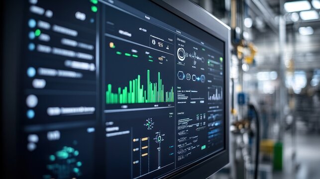 AI-controlled energy management system in a factory smart grids, digital displays, energy-efficient production, optimized industrial operations