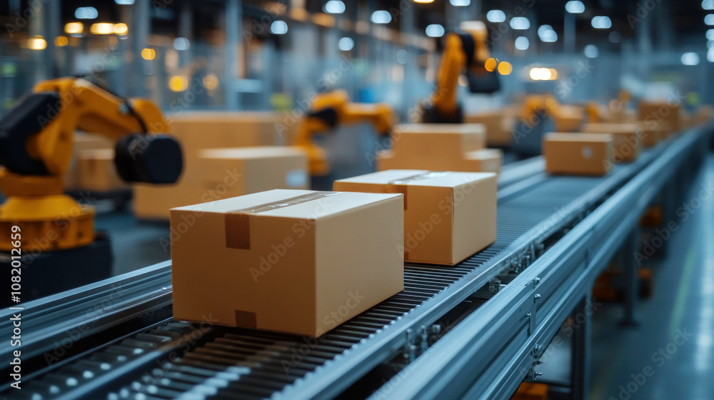 Poster automated packaging line with robots packaging products at high speed, clean design, precision, high
