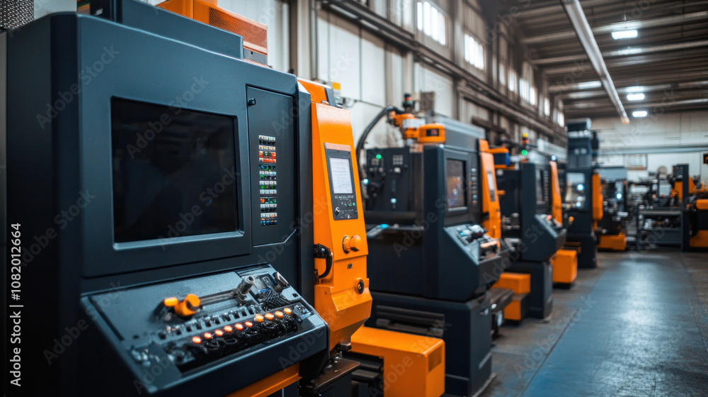 Poster automated metalworking shop with cnc machines precision cutting, robotic arms, efficient production 