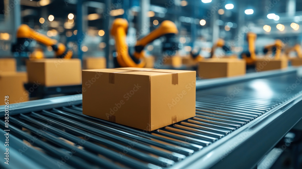 Poster automated packaging line with robots packaging products at high speed, clean design, precision, high