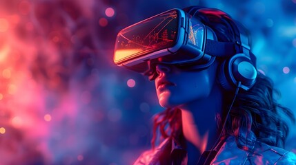 Portrait of amazed young woman in a VR headset explores the metaverse's virtual space. Gaming and futuristic entertainment concept