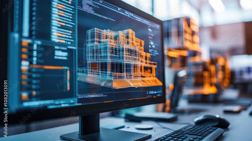Poster close-up of 3d modeling software on a computer screen showcasing product prototypes, vibrant industr