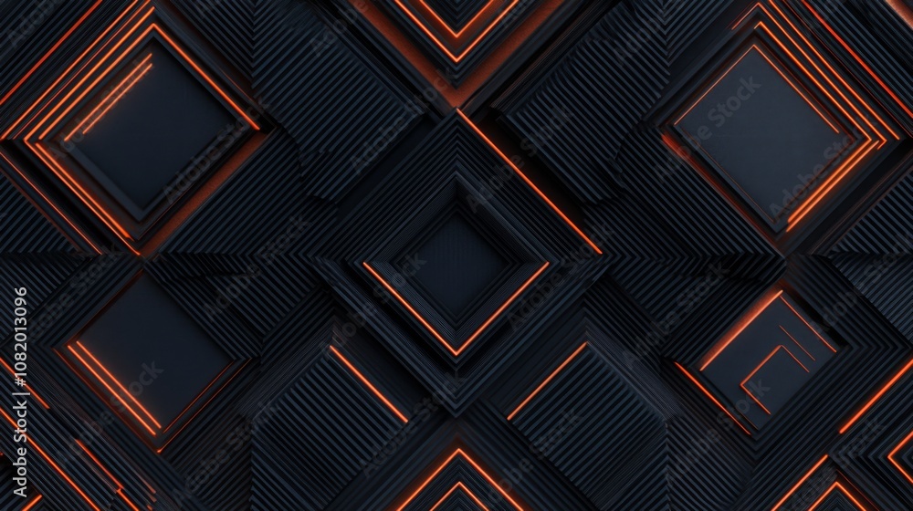 Poster intricate geometric pattern with dynamic orange accents on textured black background for modern and 