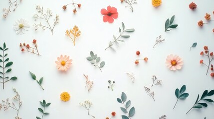 Fototapeta premium A nature-inspired background featuring small flowers, leaves, and branches, evoking a sense of calm.