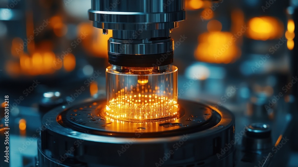Poster close-up of microchip production in a cleanroom advanced machines crafting tiny components, glowing 