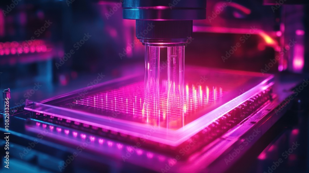 Poster close-up of microchip production in a cleanroom advanced machines crafting tiny components, glowing 