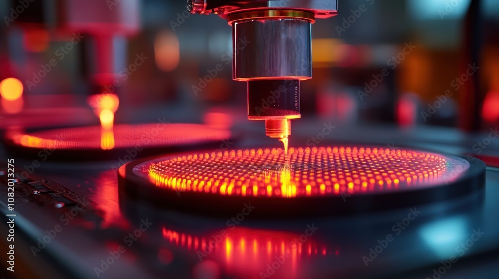 Poster close-up of microchip production in a cleanroom advanced machines crafting tiny components, glowing 