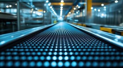 Obraz premium Close-up of a conveyor belt transporting products in a food processing plant, clean and sterile atmosphere, metallic textures