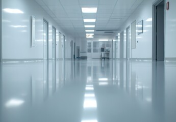 Fototapeta premium Serene and Modern Hospital Corridor with Polished Floors and Bright Lighting, Ideal for Medical Settings and Healthcare Environments