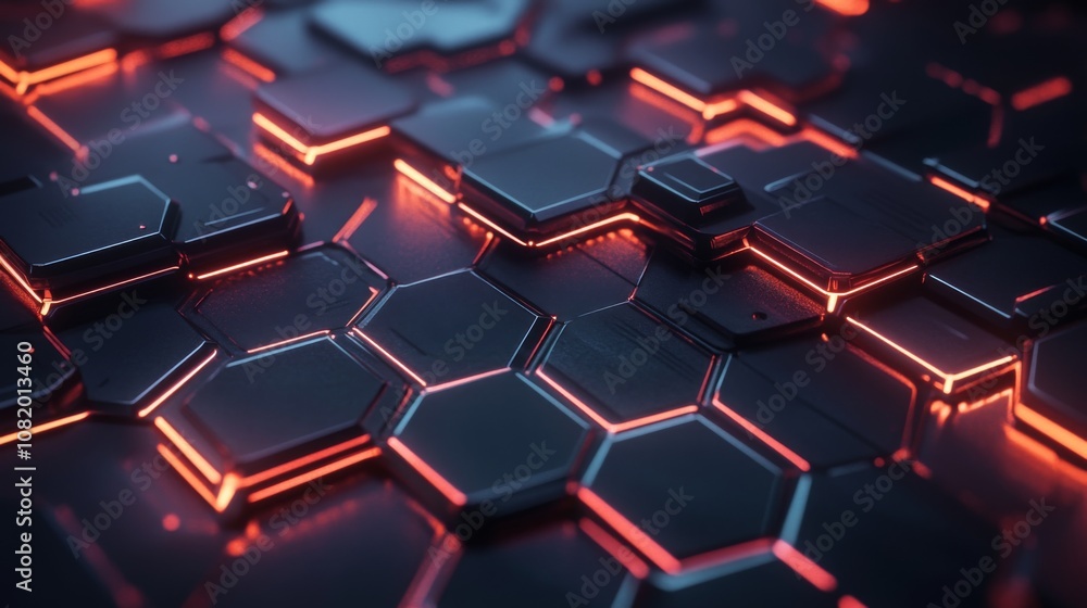 Poster futuristic hexagonal pattern with glowing lines, abstract technology background in dark color palett