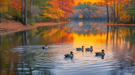 Ducks Swimming in a Calm Lake Surrounded by Autumn Trees