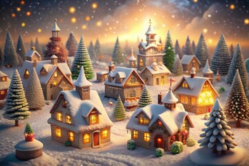 a christmas card with a house and a snow covered mountain in the background