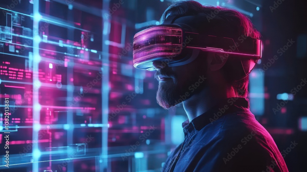 Poster engineer designing prototypes with augmented reality tools blending virtual and physical spaces, vib