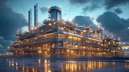 Fototapeta premium Energy plant harnessing fusion technology glowing reactors, advanced pipe systems, sci-fi industrial aesthetics, clean energy innovation