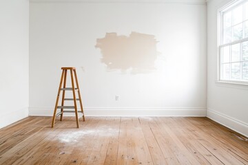 A minimalist interior space showing a wooden ladder beside a wall with unfinished paint, symbolizing home renovation and creativity.