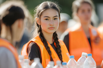 Young volunteer with braids in reflective vest participates in community water distribution event