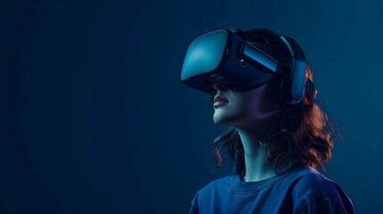 Portrait of amazed young woman in a VR headset explores the metaverse's virtual space. Gaming and futuristic entertainment concept